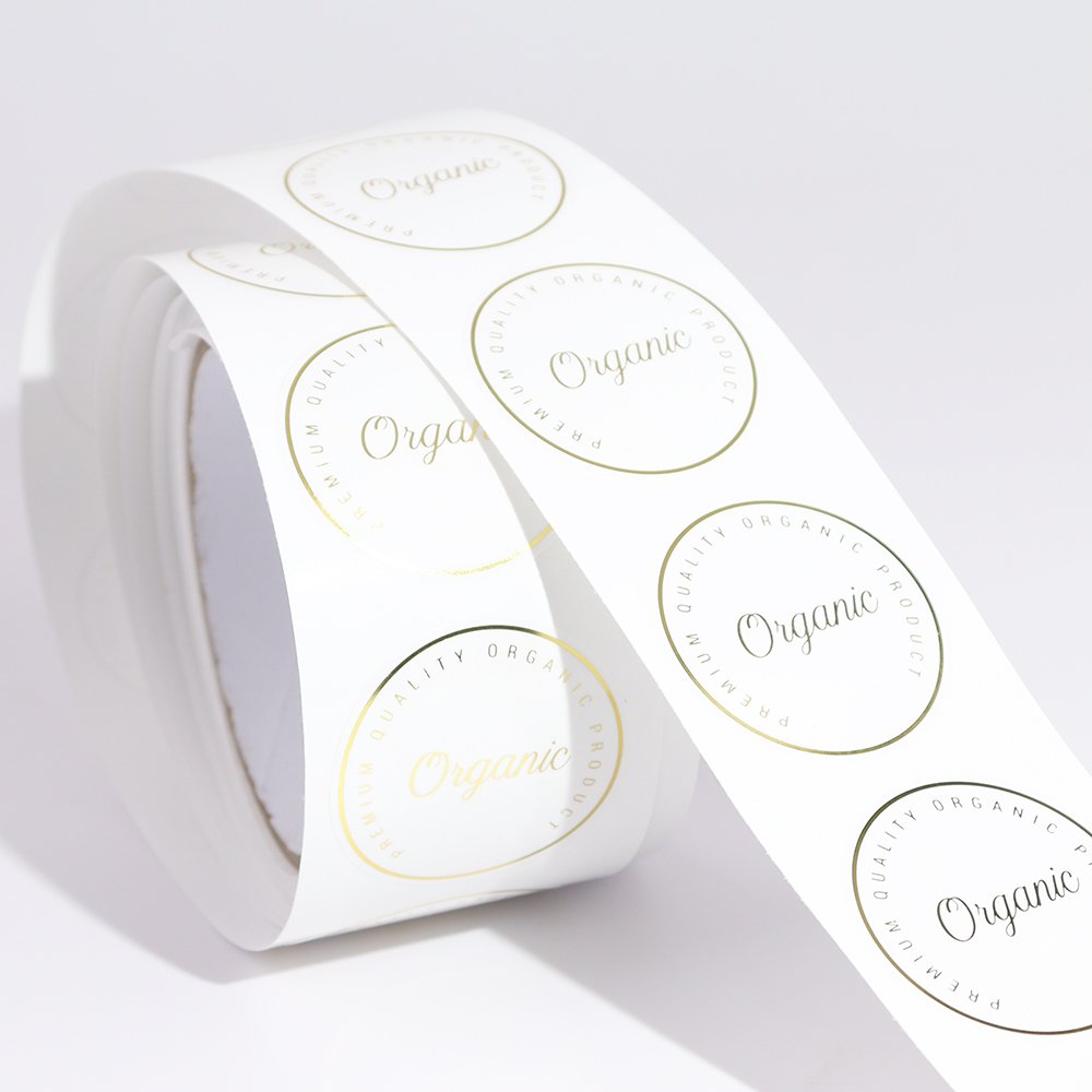Custom logo printing brand round gold foil labels sticker roll waterproof adhesive clear stickers transparent label