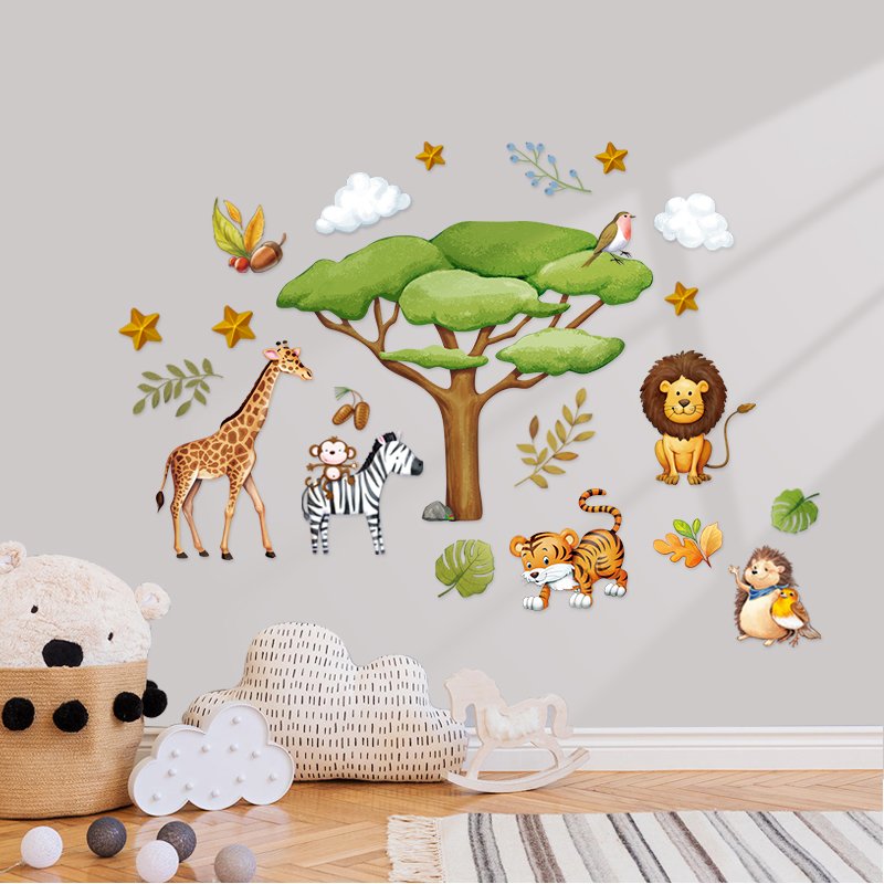 Cartoon PVC Wall Stickers Forest Tiger with Plants for Children's Rooms