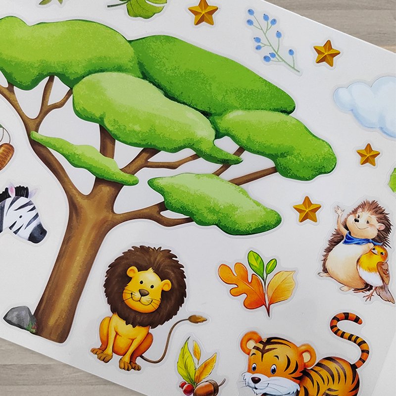 Cartoon PVC Wall Stickers Forest Tiger with Plants for Children's Rooms