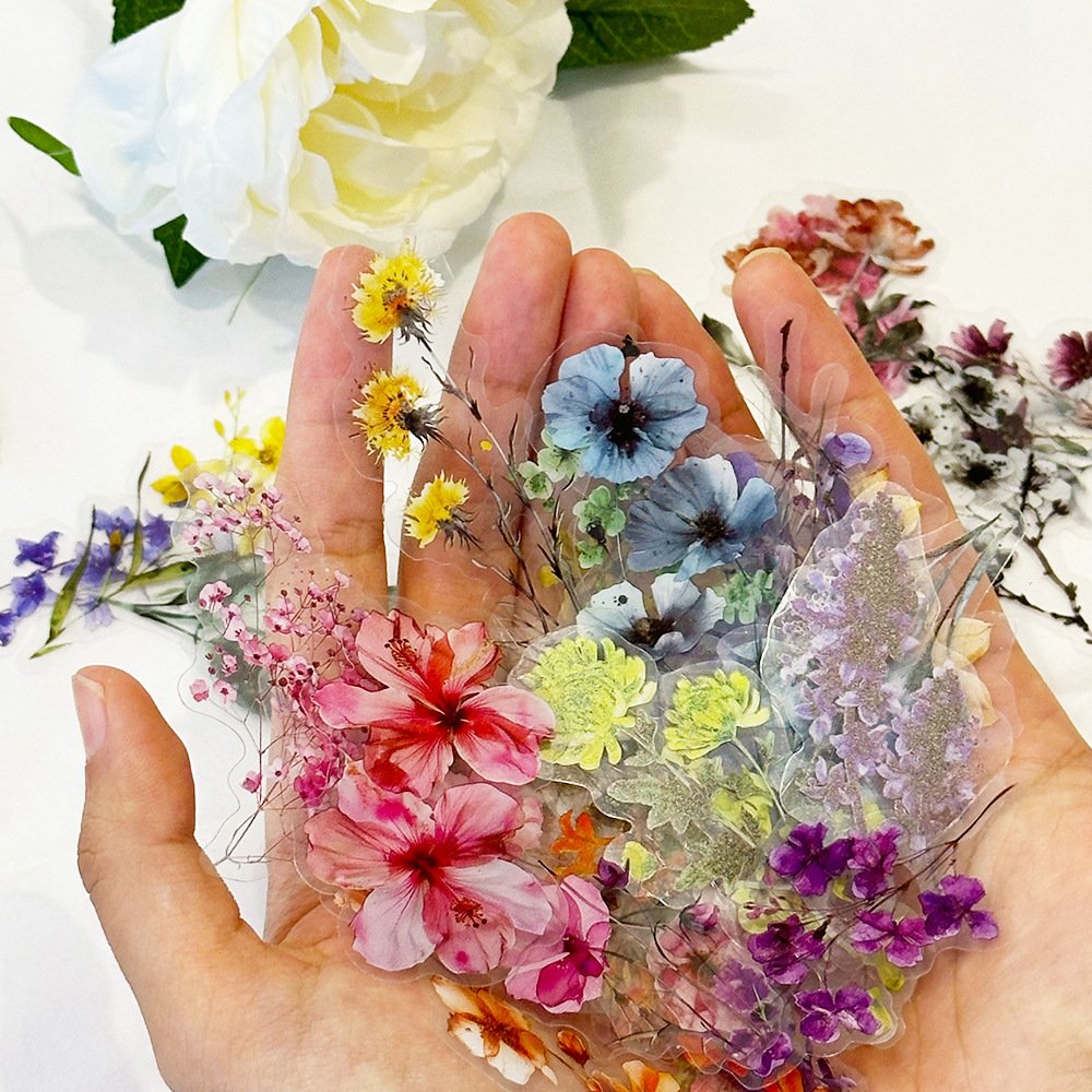 Custom Waterproof Decorative Material PET Transparent Self Adhesive Flowers Sticker for Glass Guitar Notebook 50pcs
