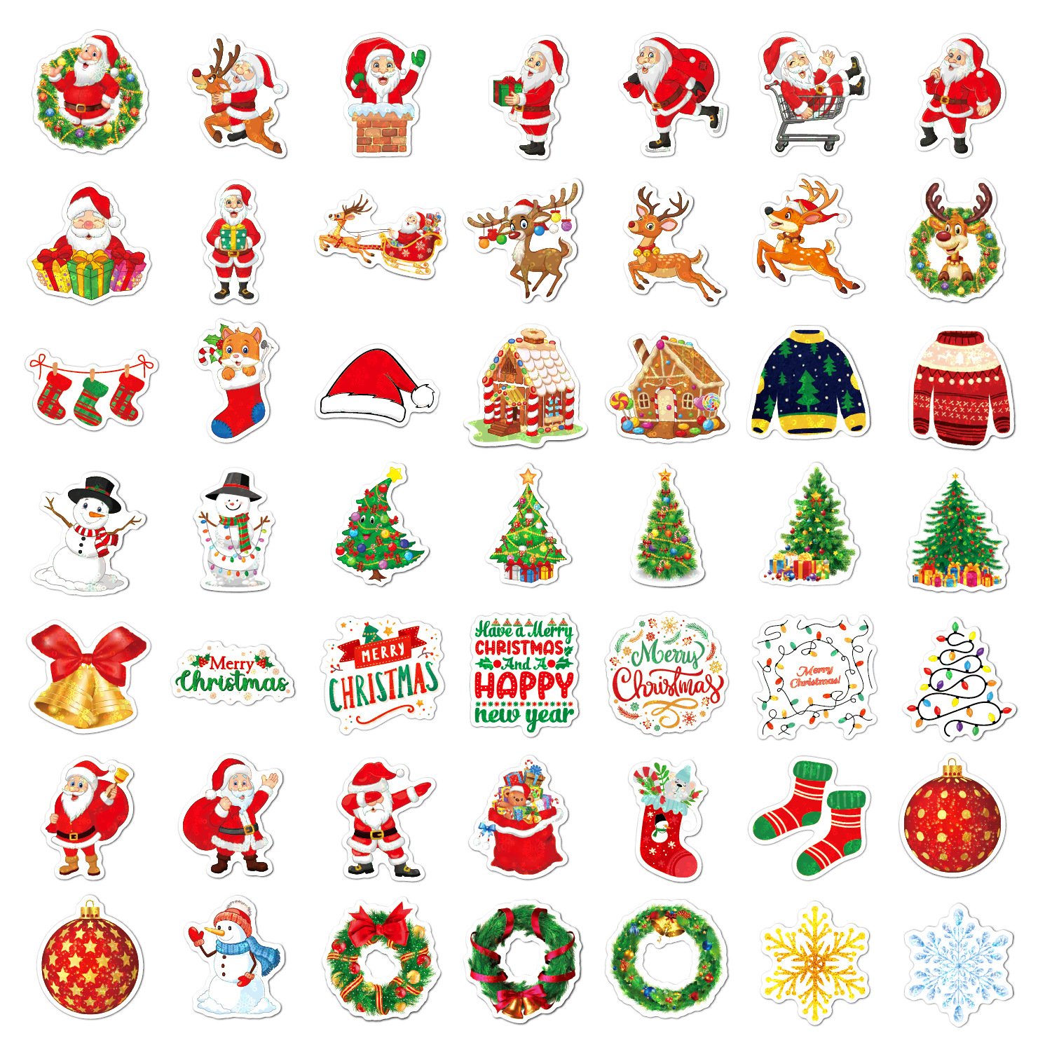 200pcs Merry Christmas Holographic Sticker for kids Holiday Decorate Waterproof Vinyl Pvc Adhesive Die cut Cartoon Stickers