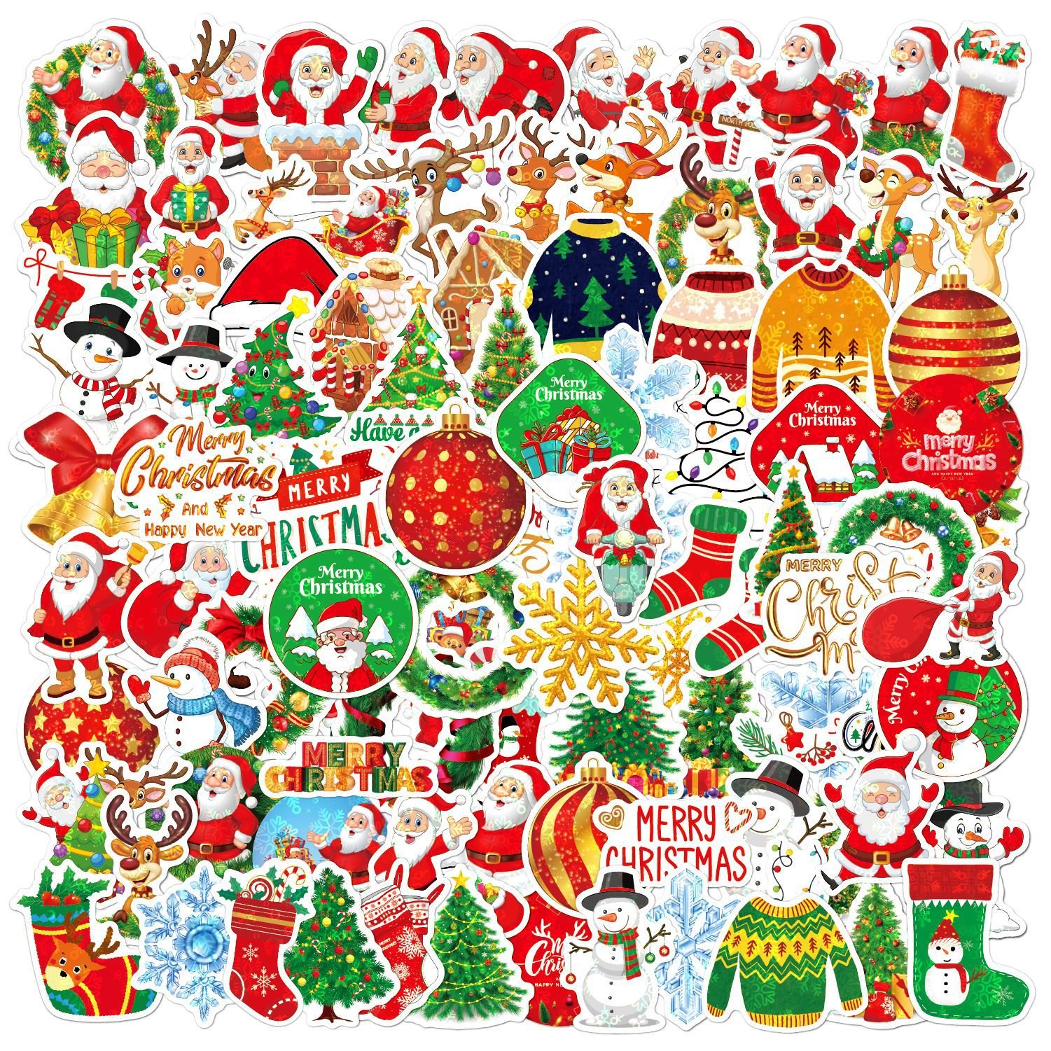 200pcs Merry Christmas Holographic Sticker for kids Holiday Decorate Waterproof Vinyl Pvc Adhesive Die cut Cartoon Stickers