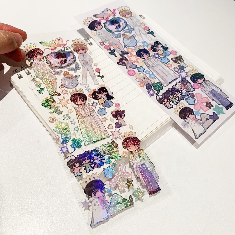 Custom Glitter Laminate Korean A6 Clear Back Sticker Sheet Transparent