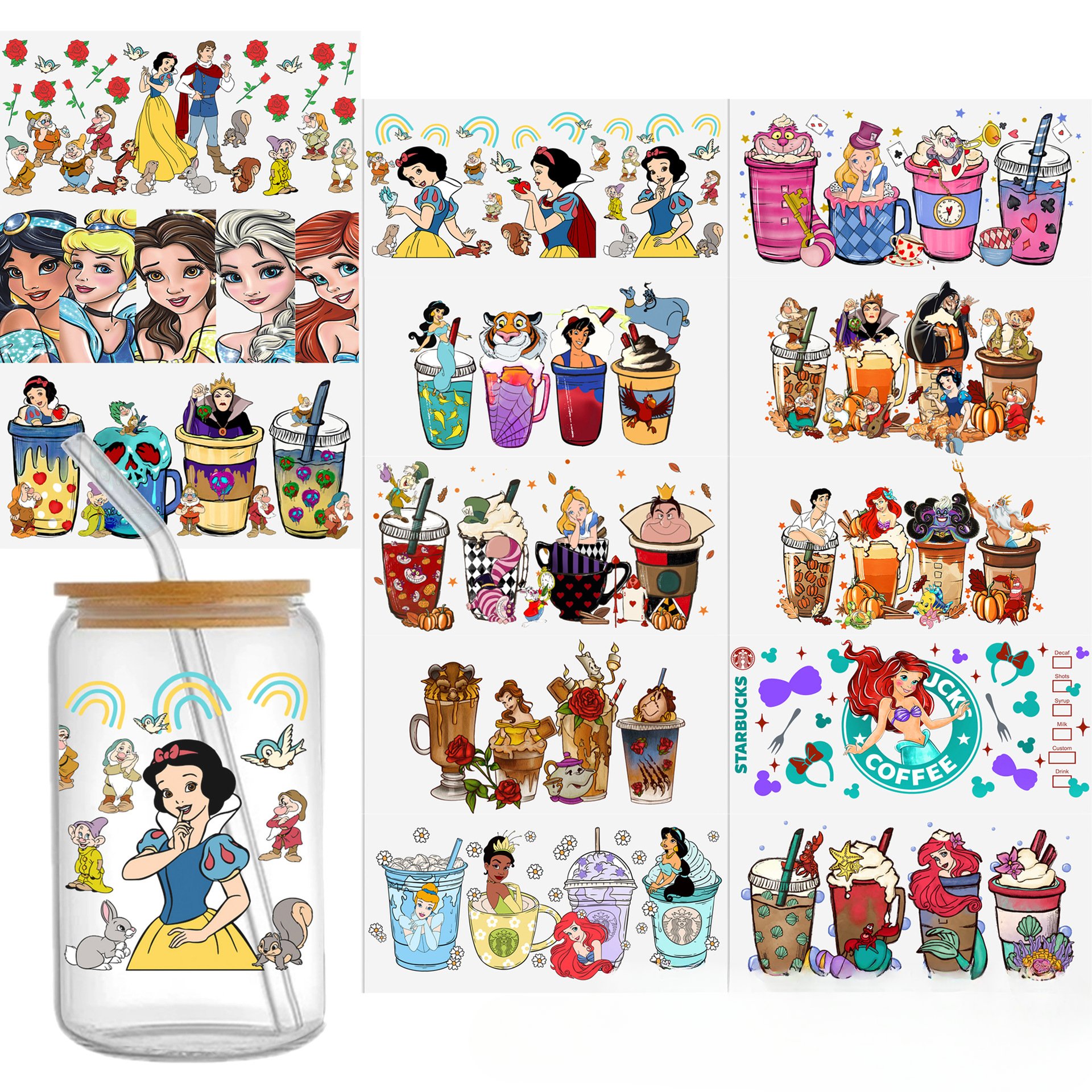 Cartoon Print UV DTF Transfer Crystal Cup Stickers for Princess Mickey Mouse, Easy Peel and Stick, 24cm x 11cm