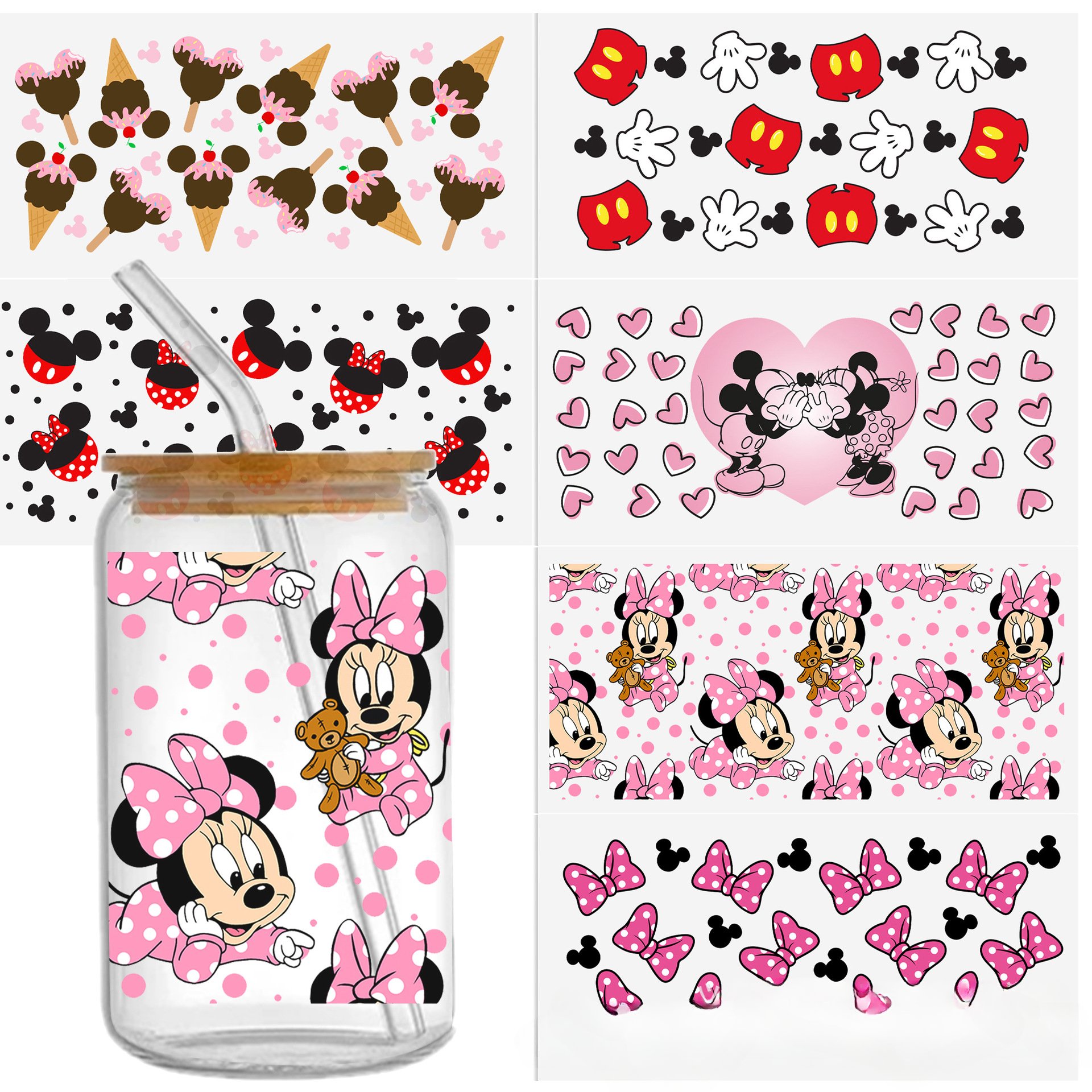 Cartoon Print UV DTF Transfer Crystal Cup Stickers for Princess Mickey Mouse, Easy Peel and Stick, 24cm x 11cm