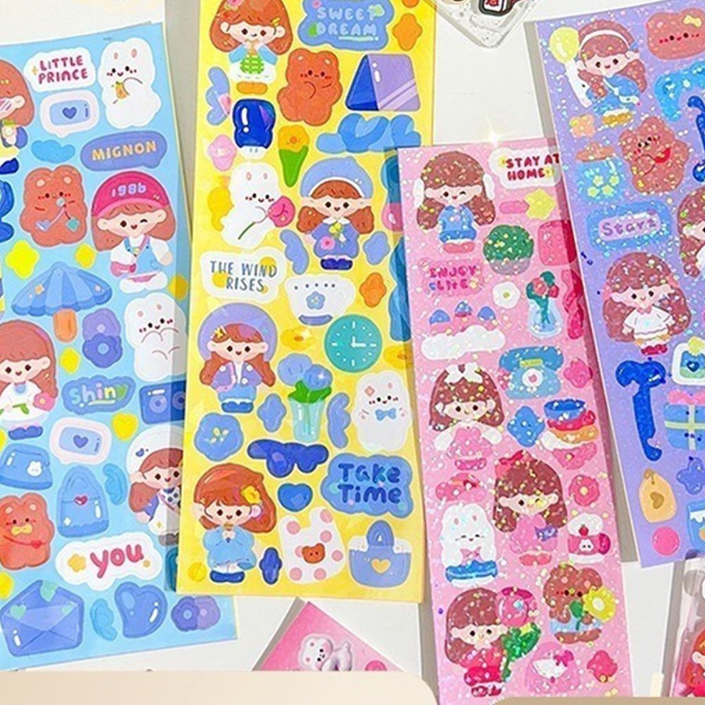 Cartoon laser glitter stickers diary handbook cute rabbit bear stickers for kindergarten children