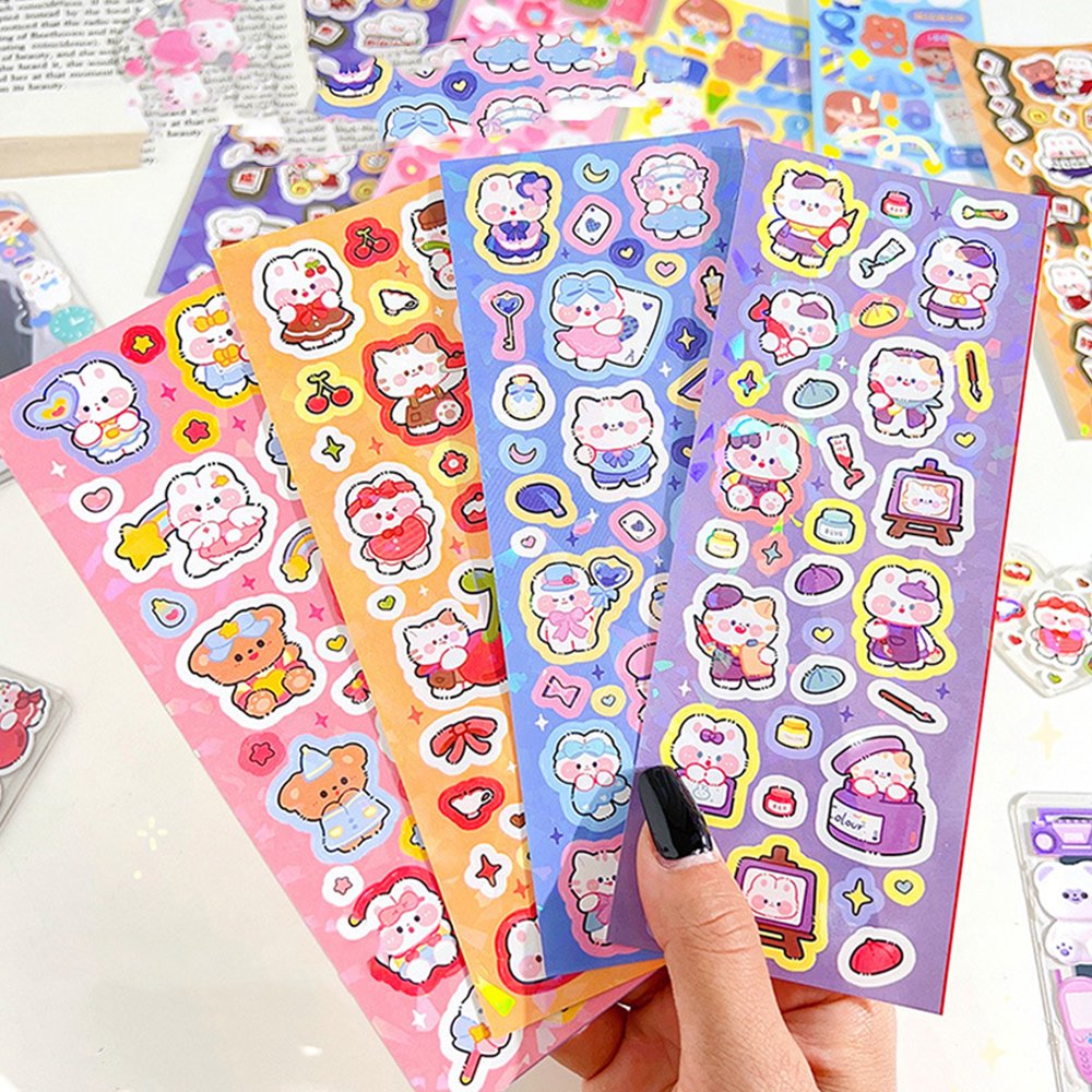 Cartoon laser glitter stickers diary handbook cute rabbit bear stickers for kindergarten children