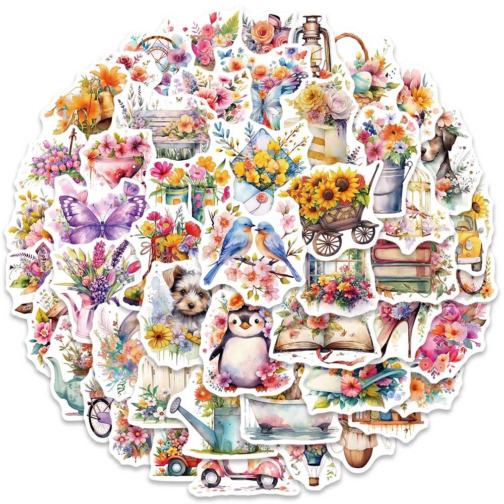50pcs Retro Flower World Waterproof Stickers Graffiti Toy Decals to Diy Scrapbooking Notebook Travel Luggage Bike Phone Sticker