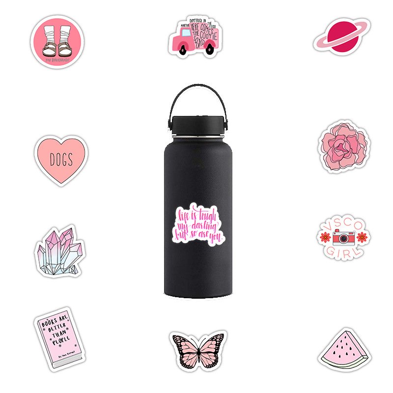 50pcs Pink Color Cute Cartoon Laptop Stickers Waterproof Trendy Aesthetic Hydroflask Luggage Reusable Stickers for Teens Girls