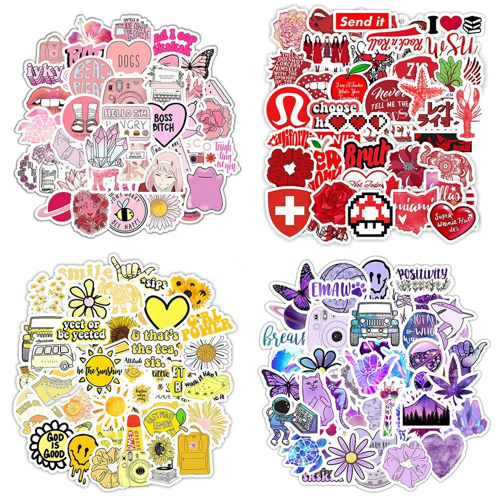 50pcs Pink Color Cute Cartoon Laptop Stickers Waterproof Trendy Aesthetic Hydroflask Luggage Reusable Stickers for Teens Girls