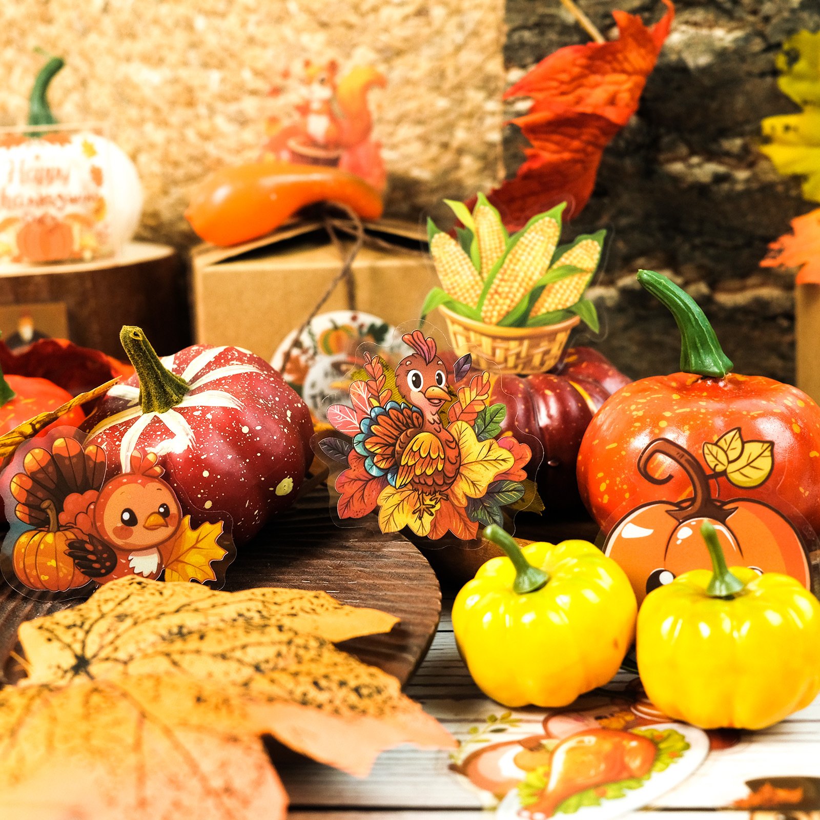 50 PCS Thanksgiving PET Transparent Waterproof Cartoon Stickers Autumn Harvest Festival Celebration Pumpkin Turkey DIY Stickers