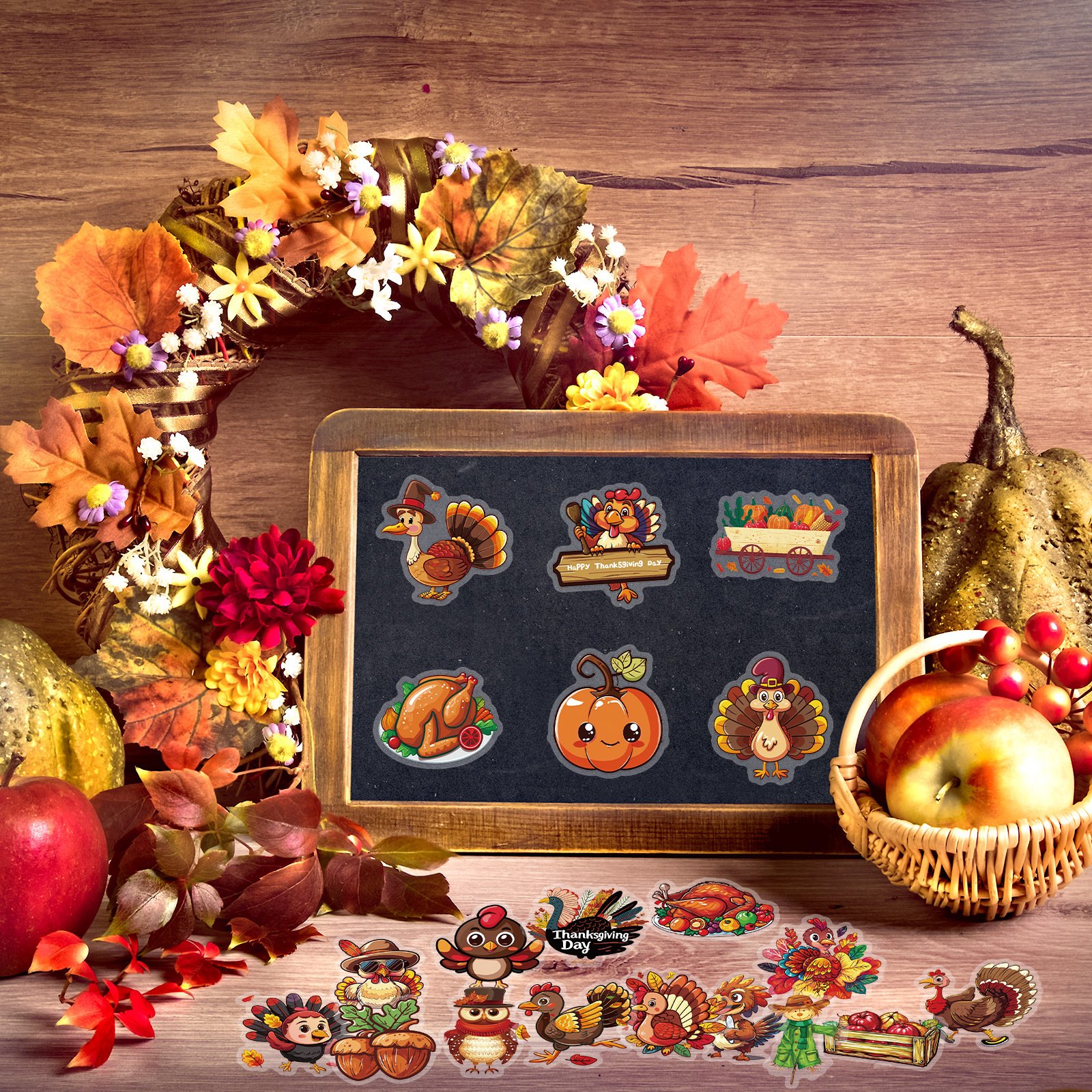 50 PCS Thanksgiving PET Transparent Waterproof Cartoon Stickers Autumn Harvest Festival Celebration Pumpkin Turkey DIY Stickers