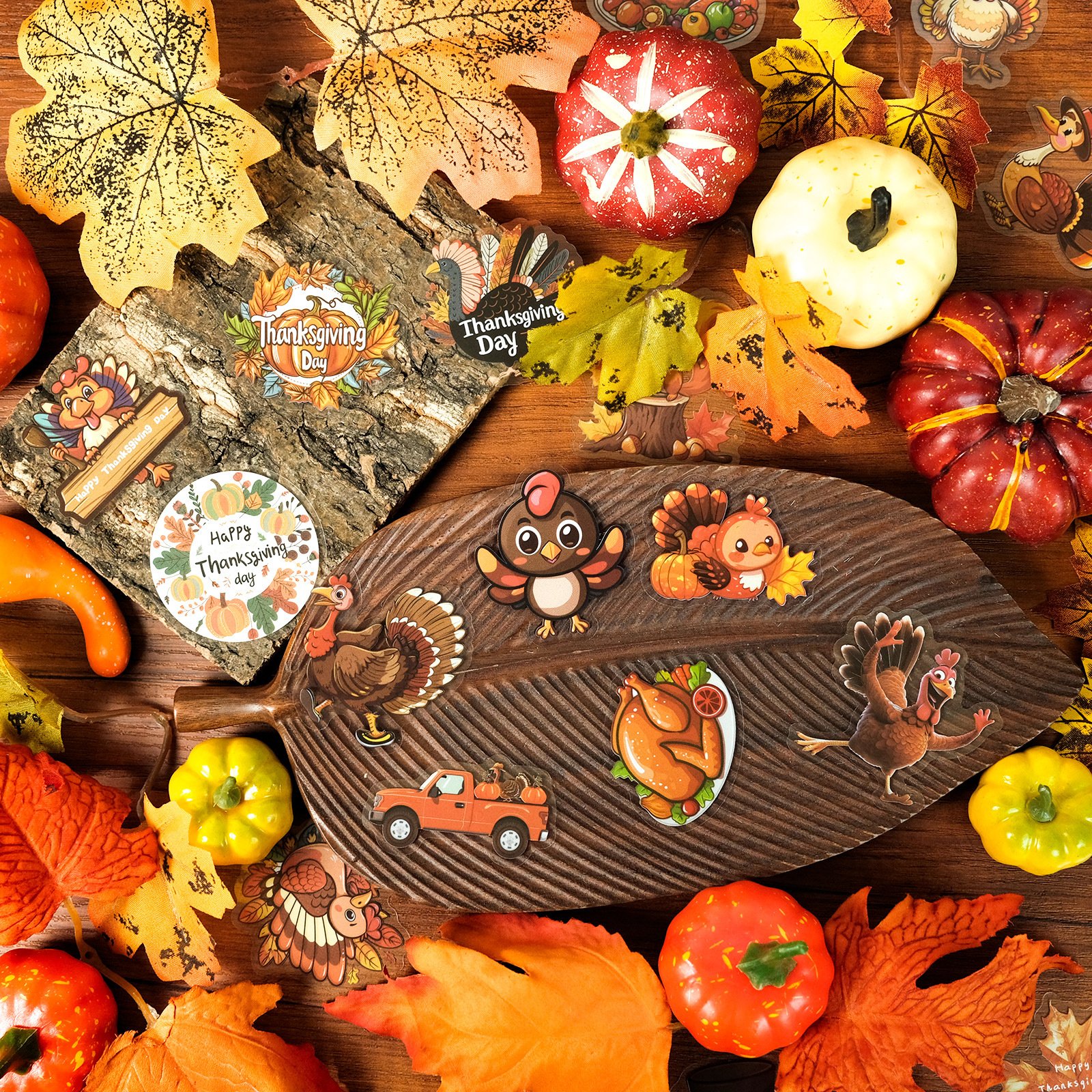 50 PCS Thanksgiving PET Transparent Waterproof Cartoon Stickers Autumn Harvest Festival Celebration Pumpkin Turkey DIY Stickers