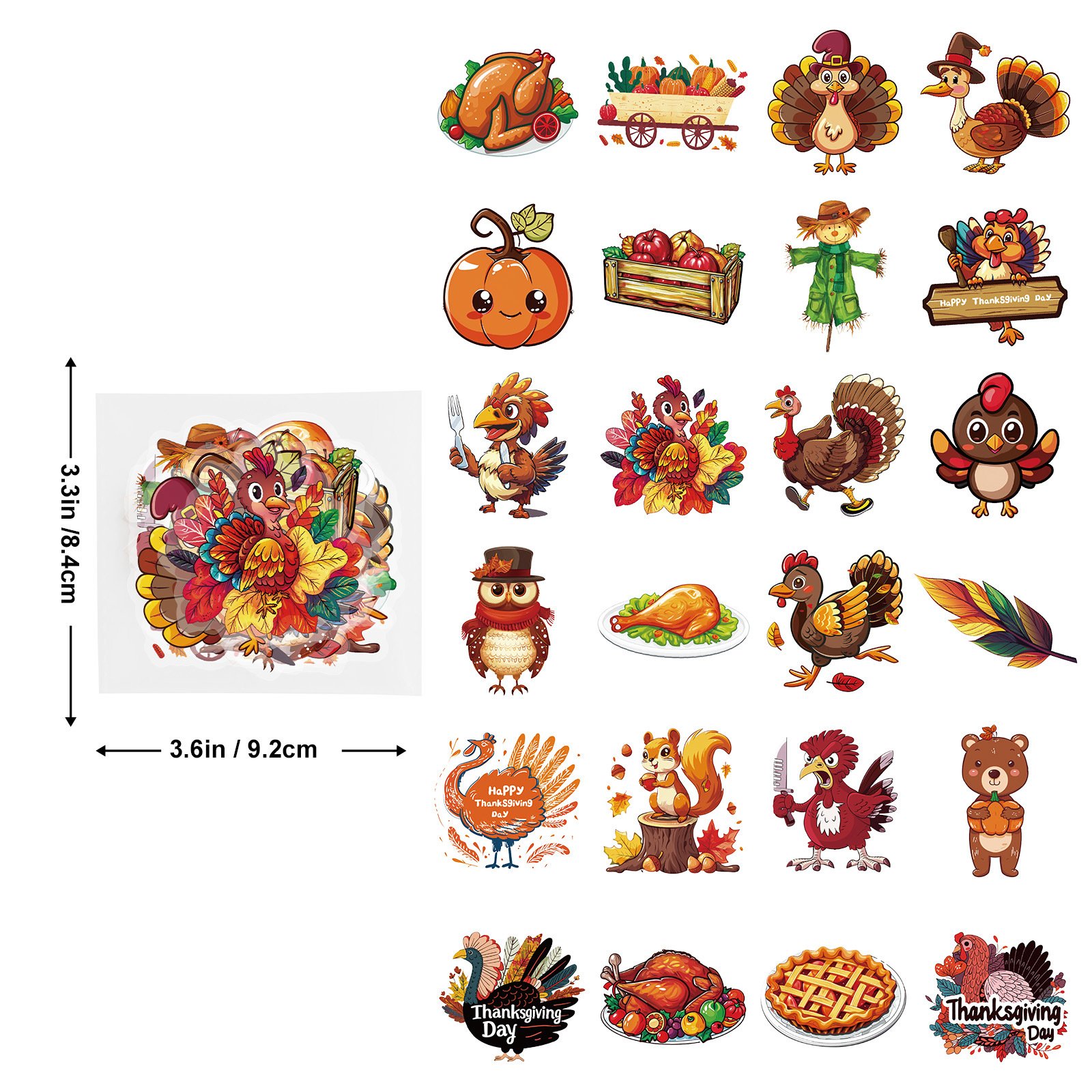 50 PCS Thanksgiving PET Transparent Waterproof Cartoon Stickers Autumn Harvest Festival Celebration Pumpkin Turkey DIY Stickers