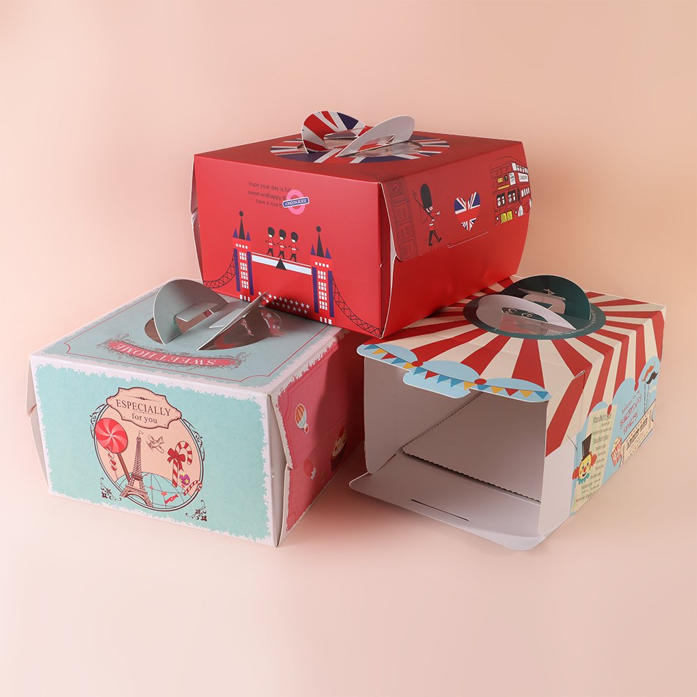 Cartoon style cake box Foldable snack paper box with handle