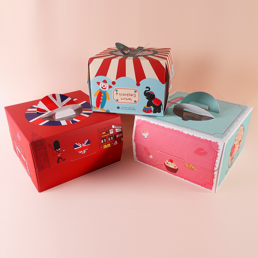 Cartoon style cake box Foldable snack paper box with handle