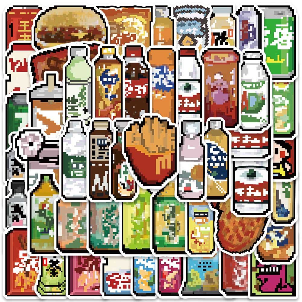 50Pcs Cartoon Pixel Food Drink Logo Graffiti Stickers For Wall Refrigerator Decor Cute Snacks Beverage Sticker