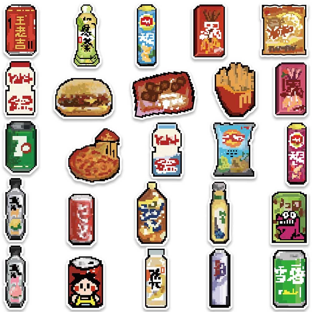 50Pcs Cartoon Pixel Food Drink Logo Graffiti Stickers For Wall Refrigerator Decor Cute Snacks Beverage Sticker
