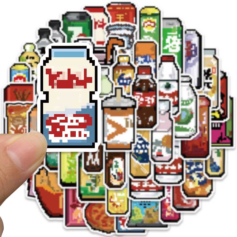 50Pcs Cartoon Pixel Food Drink Logo Graffiti Stickers For Wall Refrigerator Decor Cute Snacks Beverage Sticker