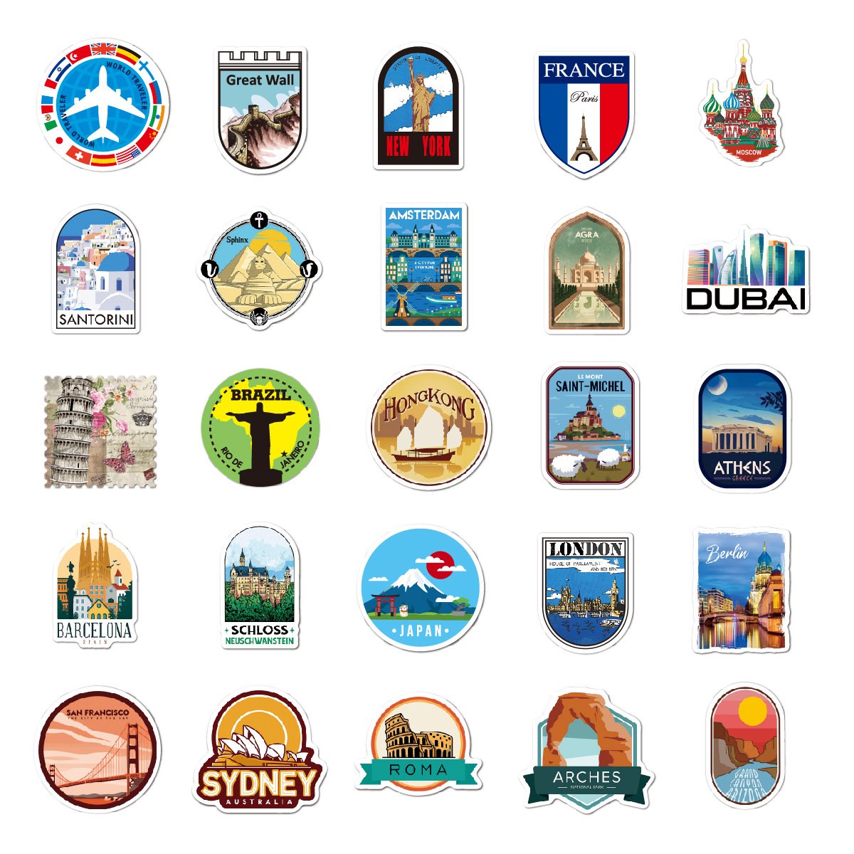 50pcs Outdoor sticker Travel Landmark Adventure sticker Graffiti Waterproof travel trolley suitcase cartoon sticker