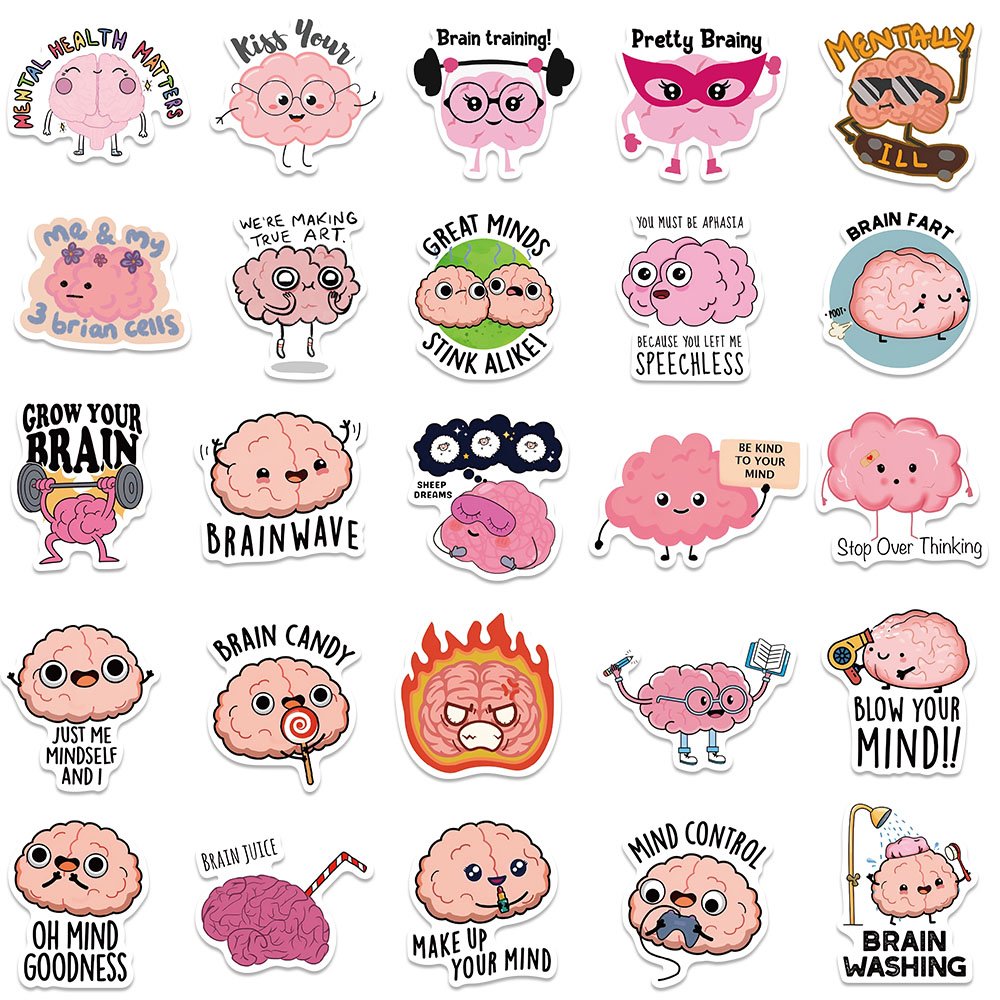 50pcs Funny Cartoon Brain Graffiti Sticker Diy Fridge Skateboard Laptop Motorcycle Diary Gift Waterproof Kid Toys Stickers