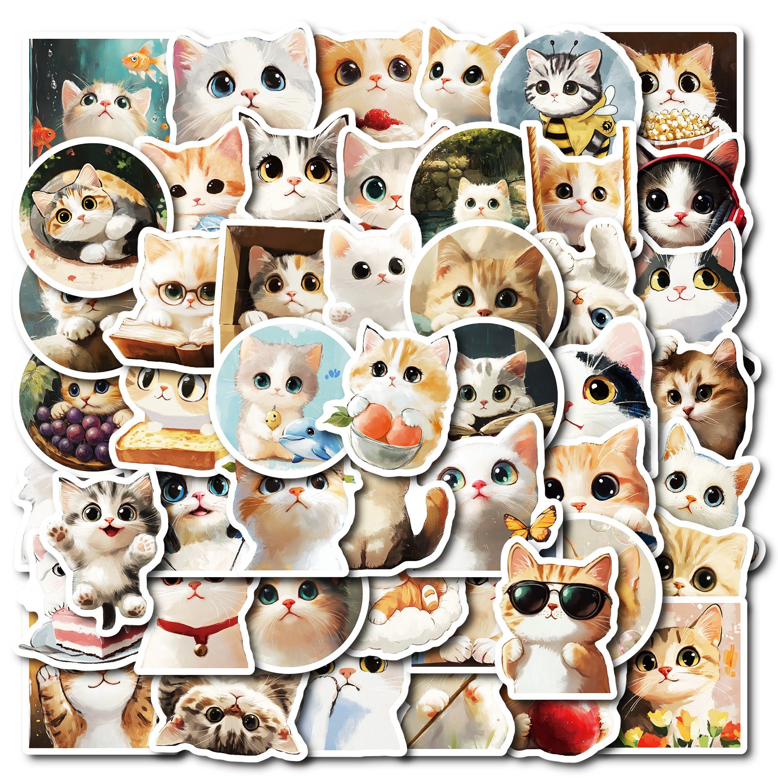 50PCS Oil painting cute pet cat cartoon kitten sticker