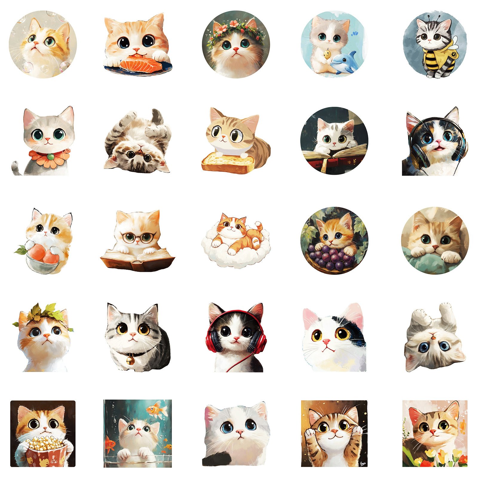 50PCS Oil painting cute pet cat cartoon kitten sticker