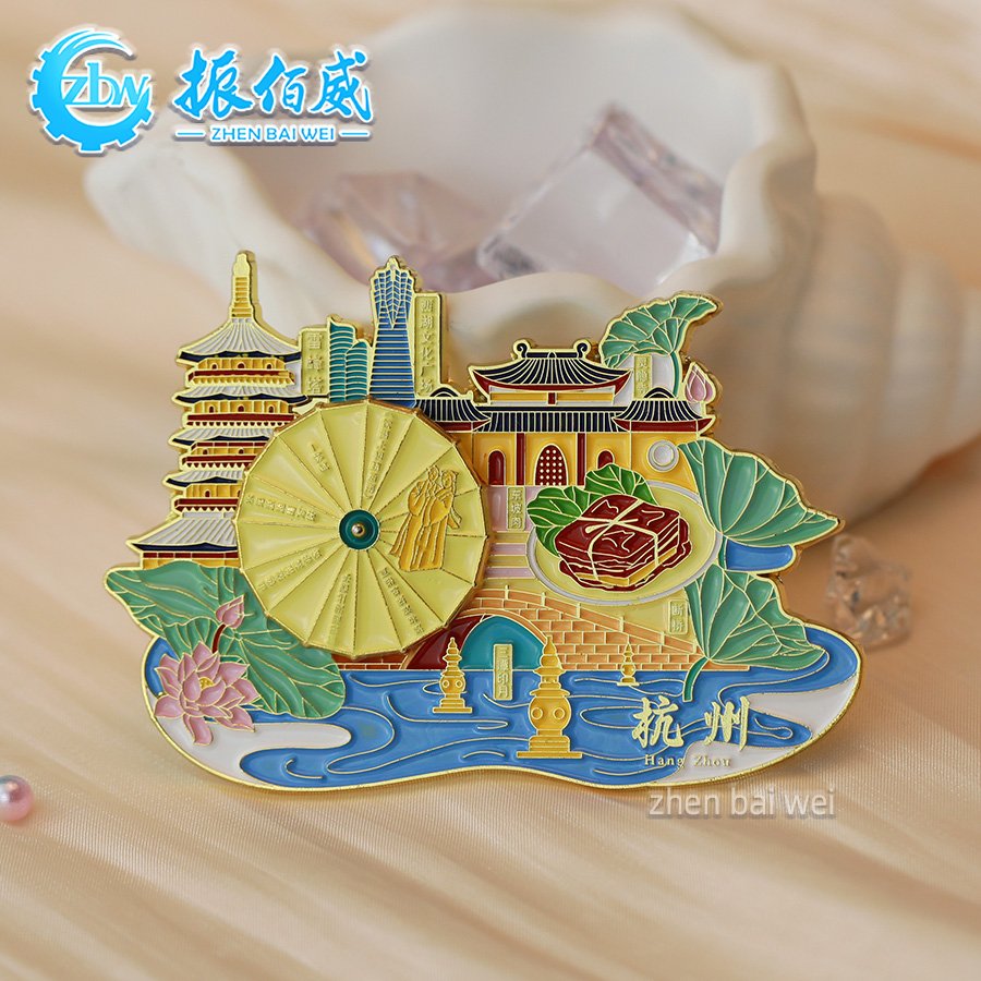 Hangzhou West Lake Rotating Metal Refrigerator Sticker Custom Soft Enamel Strong Magnetic Sticking Refrigerator Sticker Custom