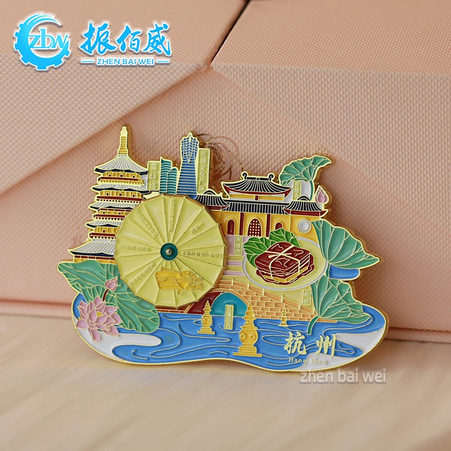 Hangzhou West Lake Rotating Metal Refrigerator Sticker Custom Soft Enamel Strong Magnetic Sticking Refrigerator Sticker Custom
