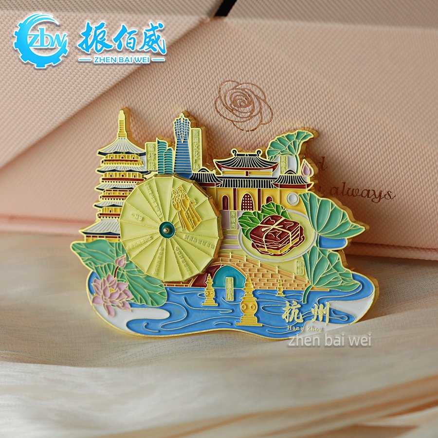 Hangzhou West Lake Rotating Metal Refrigerator Sticker Custom Soft Enamel Strong Magnetic Sticking Refrigerator Sticker Custom