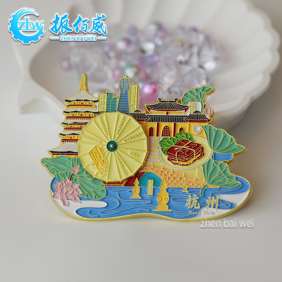 Hangzhou West Lake Rotating Metal Refrigerator Sticker Custom Soft Enamel Strong Magnetic Sticking Refrigerator Sticker Custom
