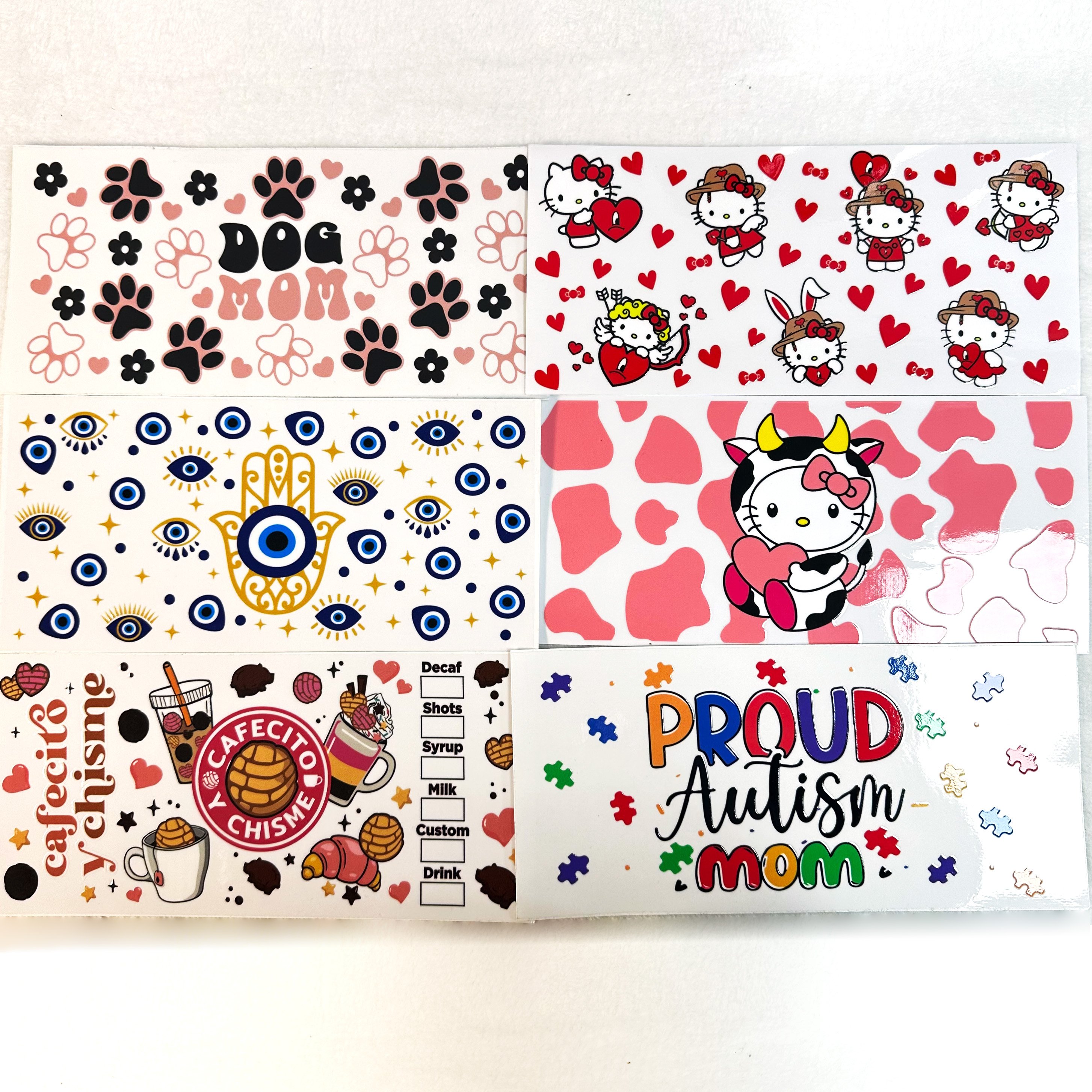 High quality custom printing double side uvdtf cup wraps cartoon Kt cat 16oz glass can uv foil dtf cup transfer stickers