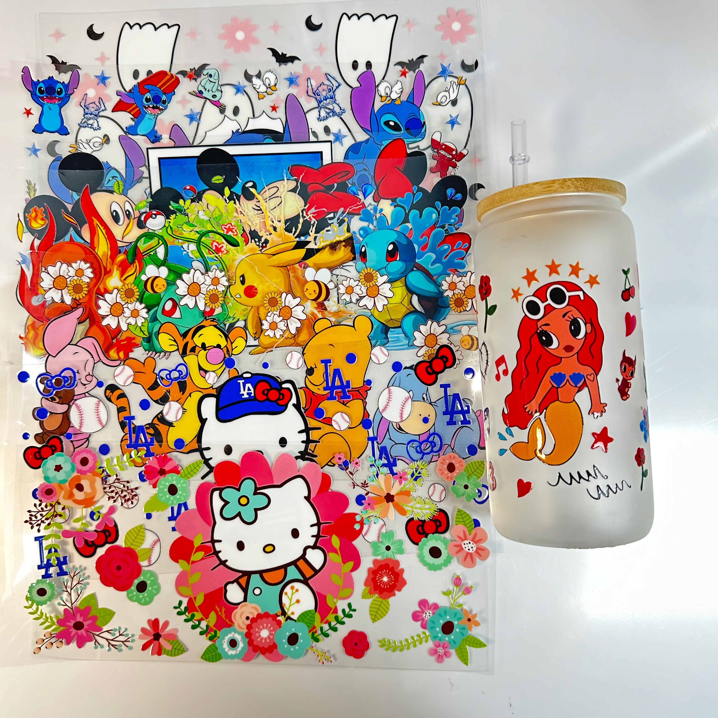 High quality custom printing double side uvdtf cup wraps cartoon Kt cat 16oz glass can uv foil dtf cup transfer stickers