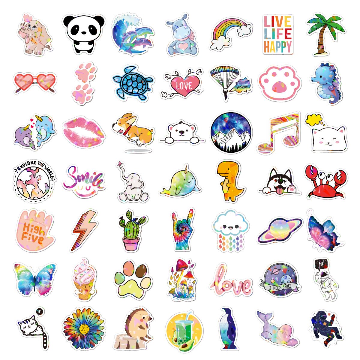 100pcs Cool Trendy Holographic Laser Aesthetic PVC Decals Inspirational Cute Cartoon Vinyl Sticker VSCO Vinyl Sticker