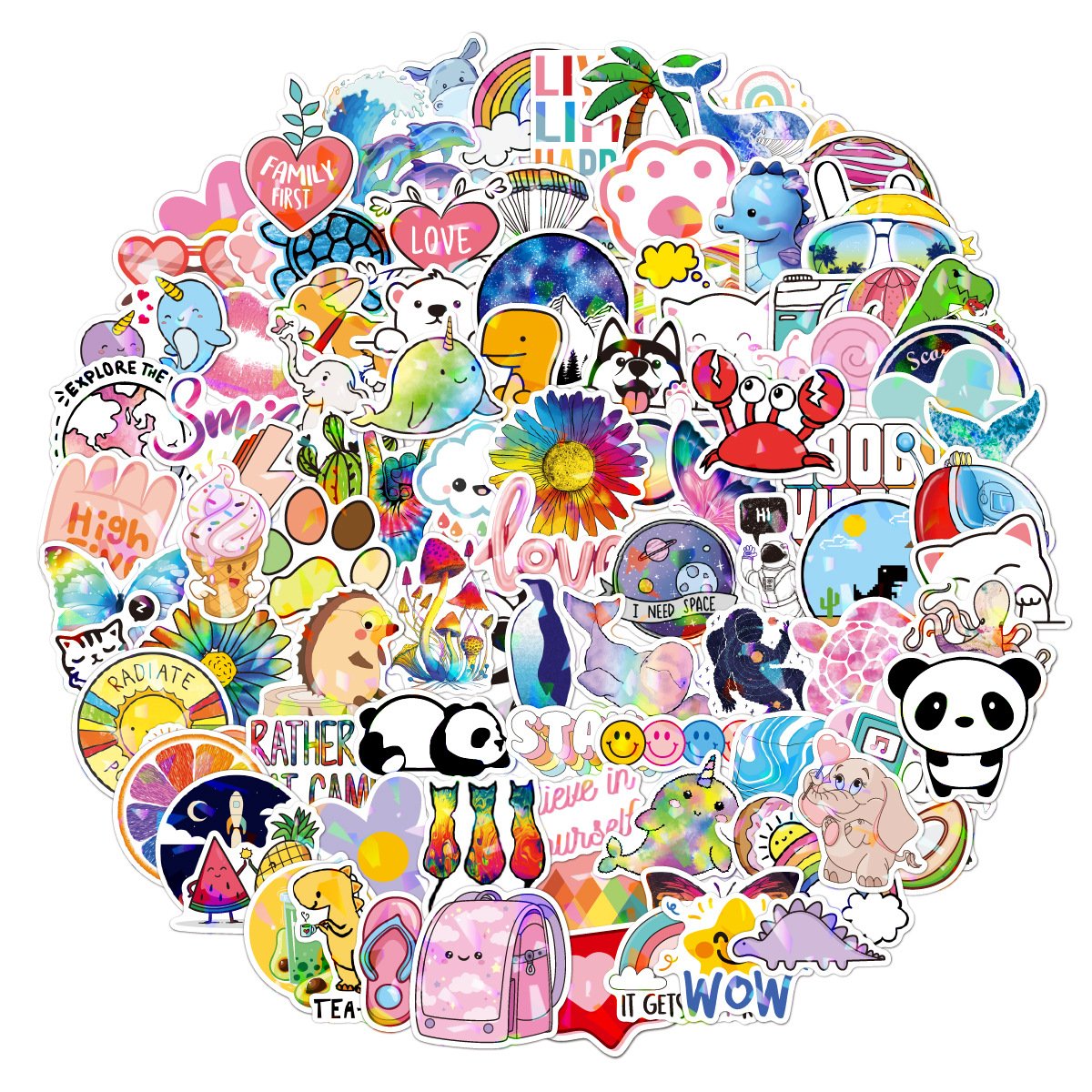100pcs Cool Trendy Holographic Laser Aesthetic PVC Decals Inspirational Cute Cartoon Vinyl Sticker VSCO Vinyl Sticker