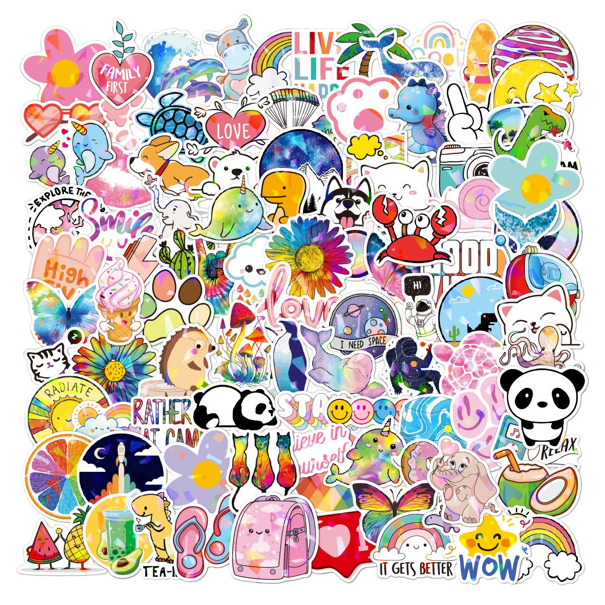 100pcs Cool Trendy Holographic Laser Aesthetic PVC Decals Inspirational Cute Cartoon Vinyl Sticker VSCO Vinyl Sticker