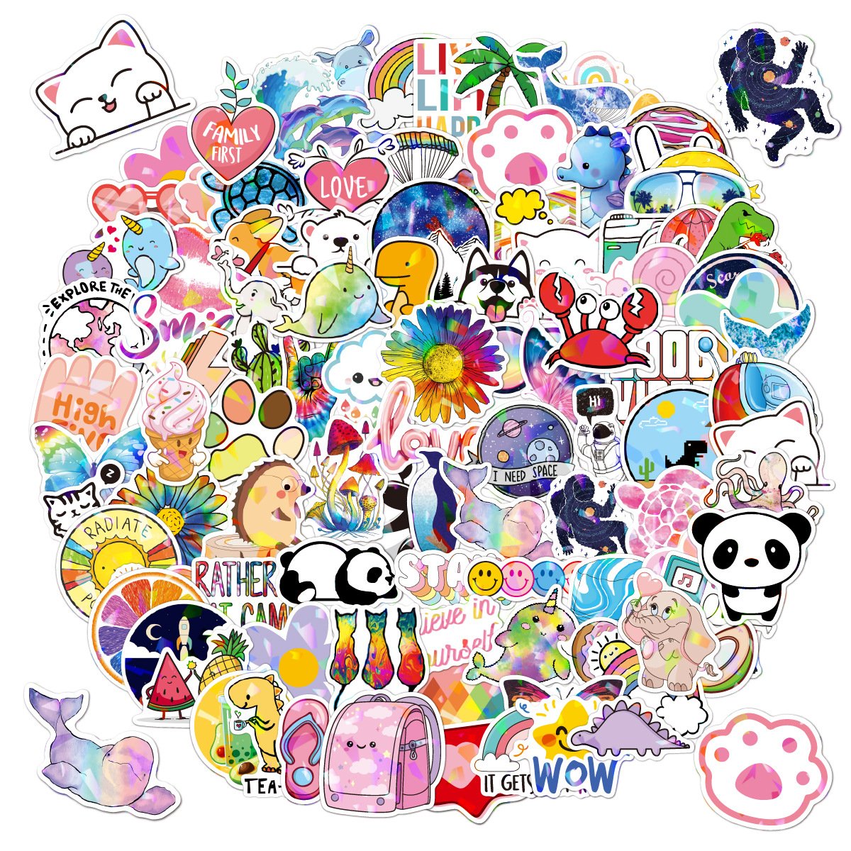100pcs Cool Trendy Holographic Laser Aesthetic PVC Decals Inspirational Cute Cartoon Vinyl Sticker VSCO Vinyl Sticker
