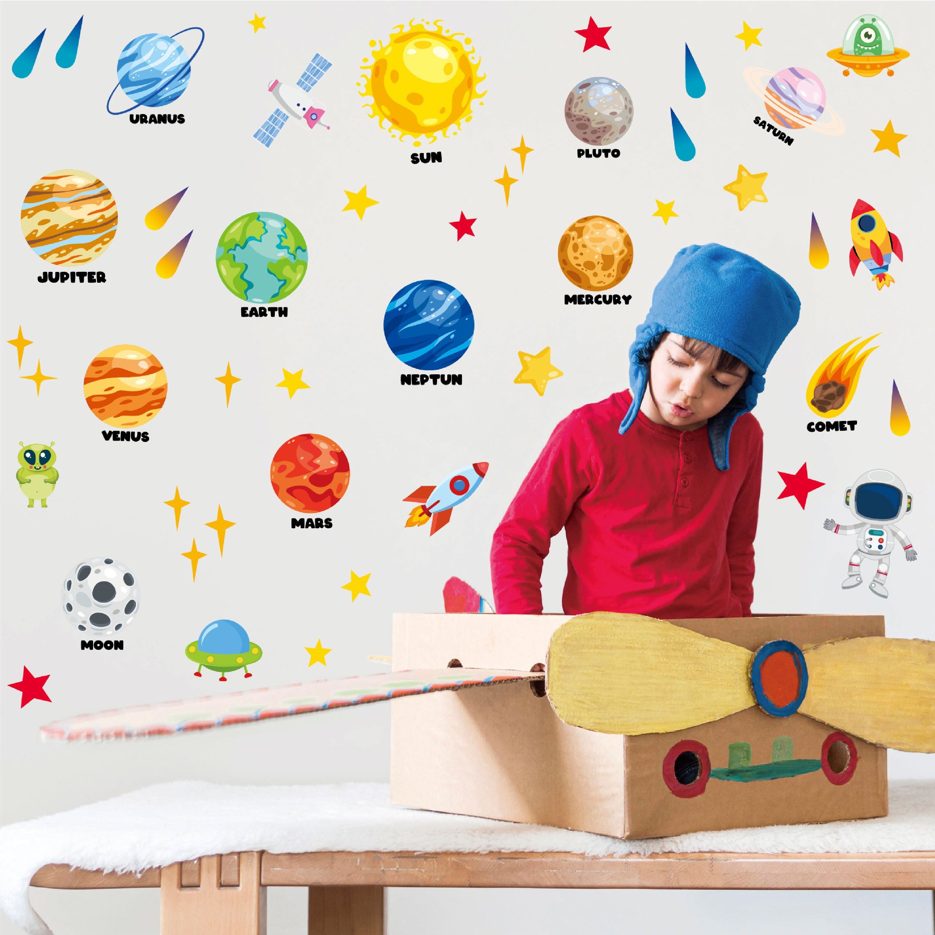 High Quality Each Style Space Planet Space Planet Rocket Astronaut Room Wall Decoration Children Cartoon Wall Stickers