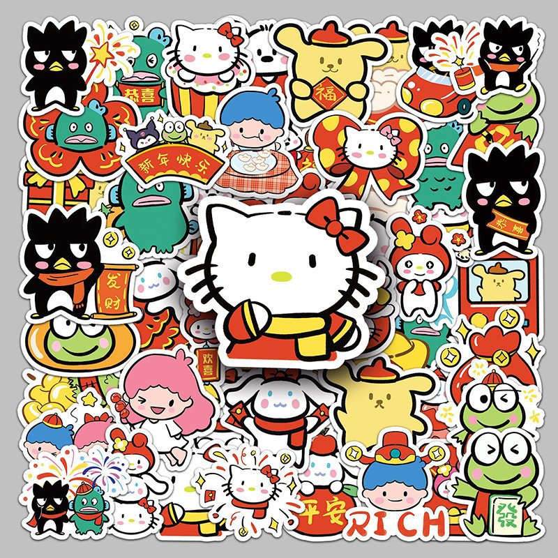 Wholesale Children's Sticker Happy New Year Cartoon Kitty Keroppi Cinnamoroll BadBadtz-maru Design Decals Die Cut Sticker Sheet