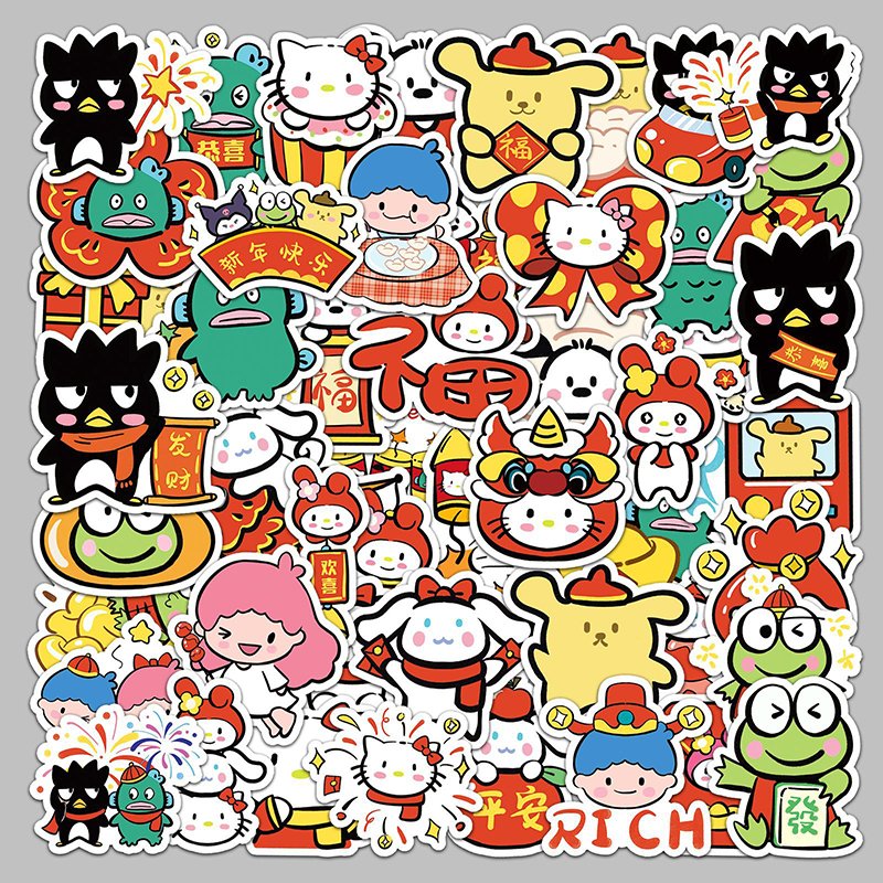 Wholesale Children's Sticker Happy New Year Cartoon Kitty Keroppi Cinnamoroll BadBadtz-maru Design Decals Die Cut Sticker Sheet