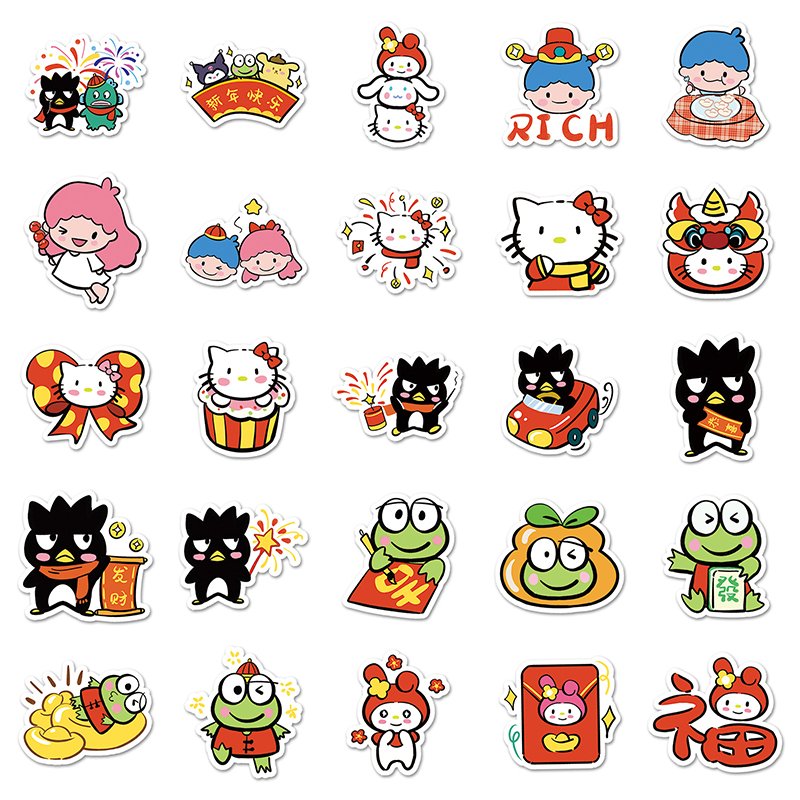 Wholesale Children's Sticker Happy New Year Cartoon Kitty Keroppi Cinnamoroll BadBadtz-maru Design Decals Die Cut Sticker Sheet