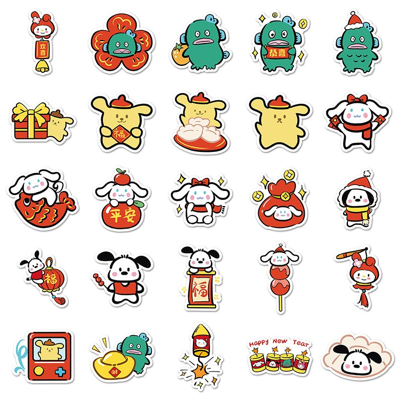 Wholesale Children's Sticker Happy New Year Cartoon Kitty Keroppi Cinnamoroll BadBadtz-maru Design Decals Die Cut Sticker Sheet