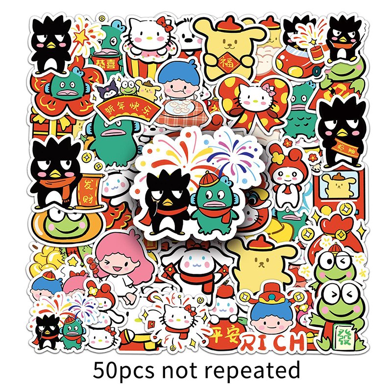 Wholesale Children's Sticker Happy New Year Cartoon Kitty Keroppi Cinnamoroll BadBadtz-maru Design Decals Die Cut Sticker Sheet