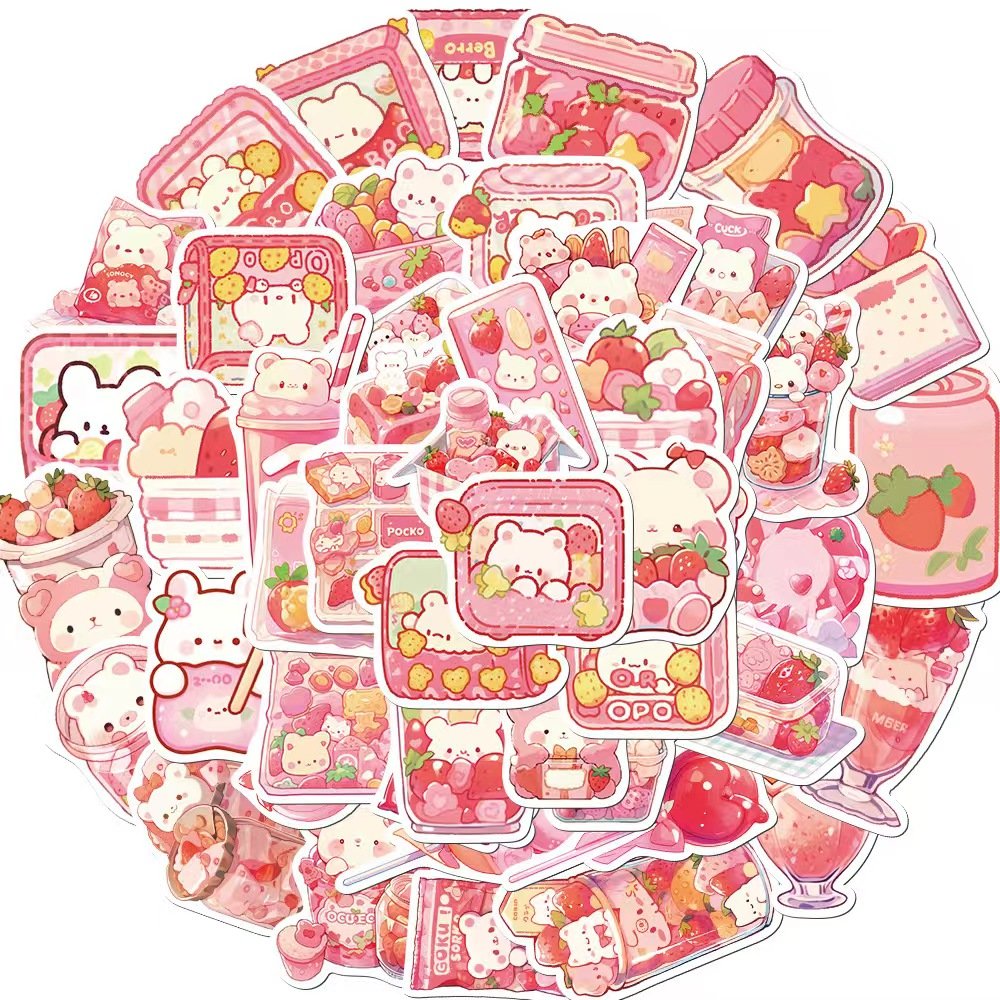 50pcs Cartoon pink snacks decoration graffiti waterproof PVC sticker packs for car mobile phone laptop computer glass