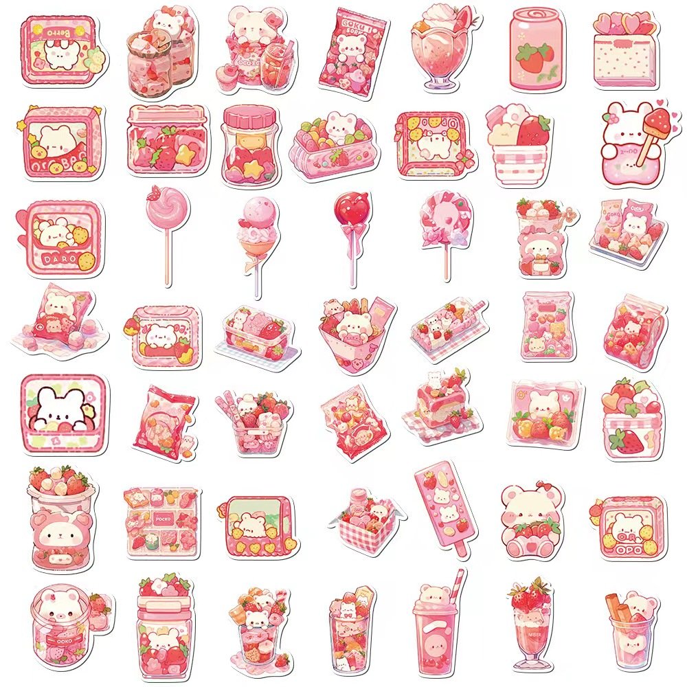 50pcs Cartoon pink snacks decoration graffiti waterproof PVC sticker packs for car mobile phone laptop computer glass