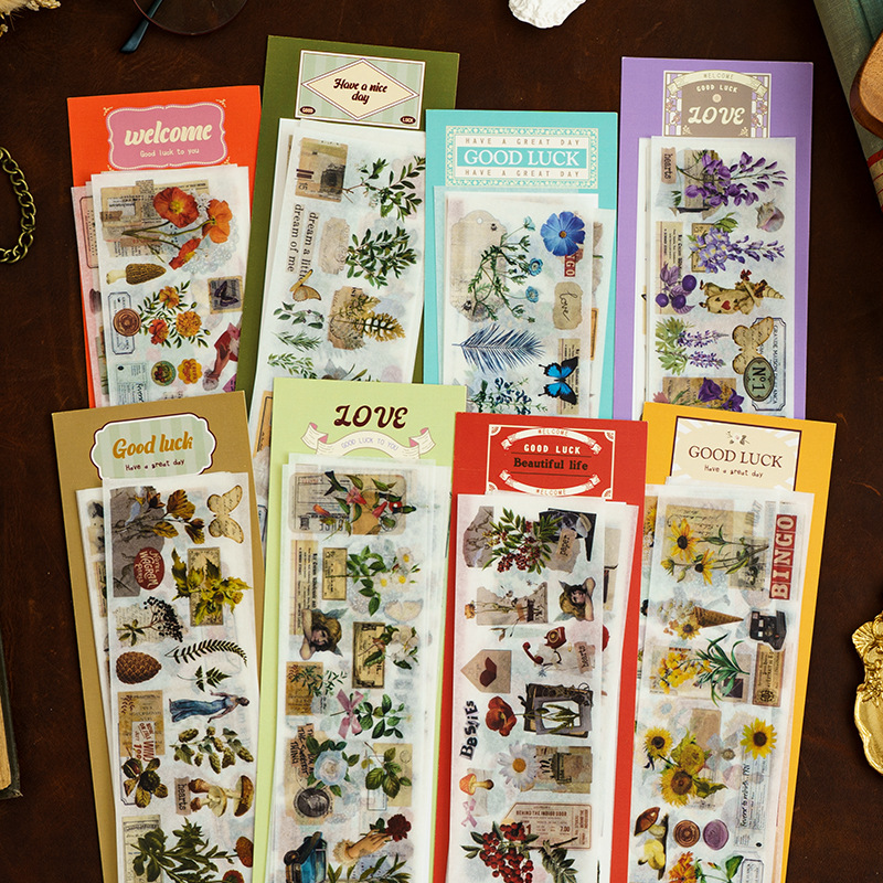 6pcs per pack Segmented handbook tape stickers spring and autumn cartoon characters handbook landscape stickers washi tap