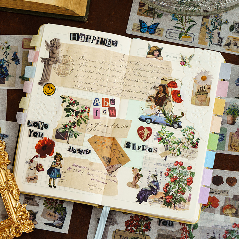 6pcs per pack Segmented handbook tape stickers spring and autumn cartoon characters handbook landscape stickers washi tap