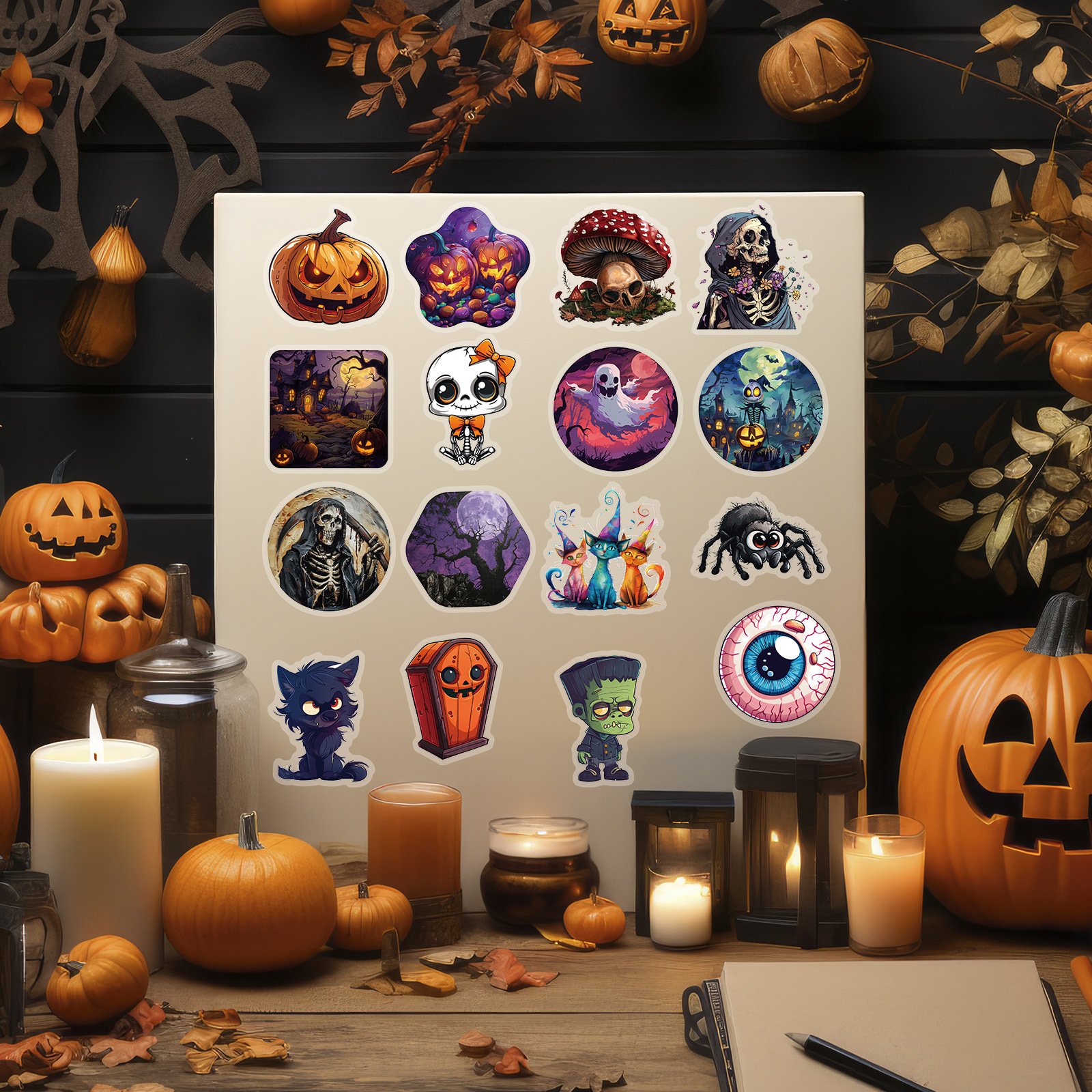 Halloween PET stickers holiday decoration horror waterproof pumpkin skull eyes DIY decoration stickers 50 sheets