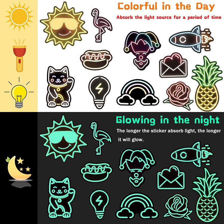 custom waterproof vinyl luminous cartoon stickers glow in dark stickers fluorescent stickers for laptop skateboard phone case