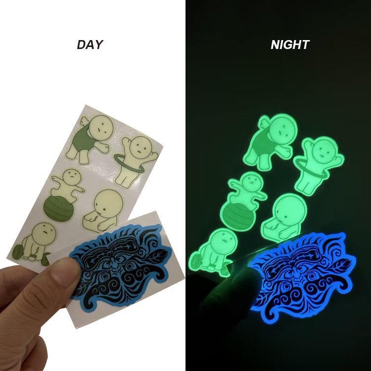 custom waterproof vinyl luminous cartoon stickers glow in dark stickers fluorescent stickers for laptop skateboard phone case